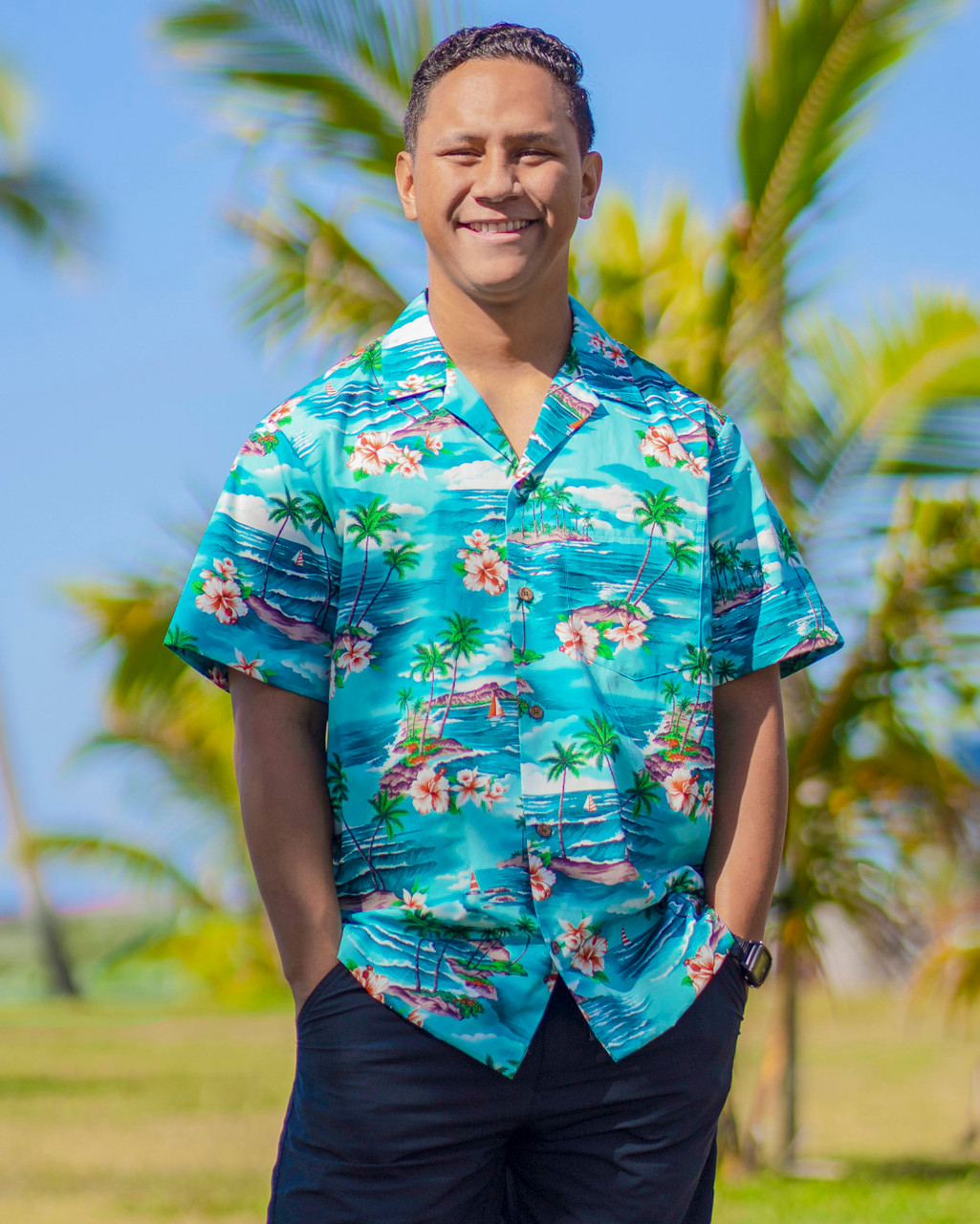 Hibiscus Sailboat Island Men's Hawaiian Shirt - Cotton