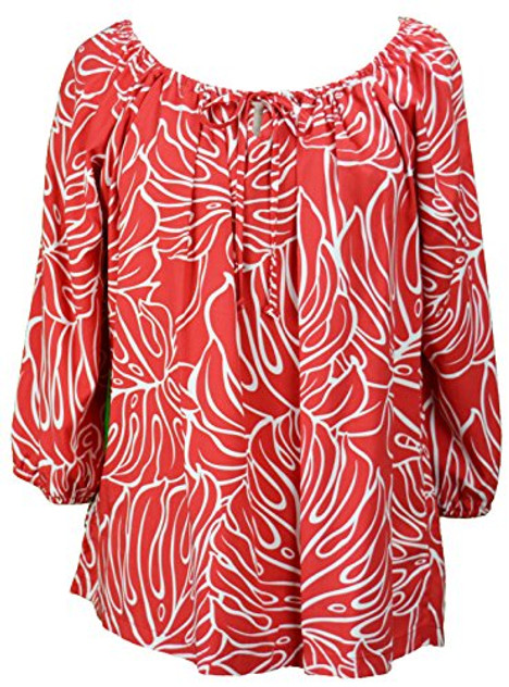 RJC Womens Monstera Christmas Red Peasant Blouse