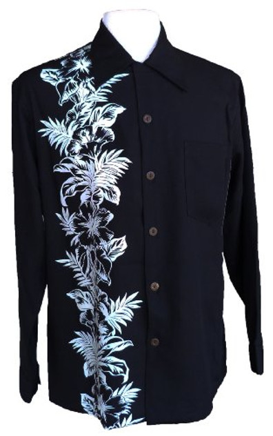 Paradise Found Mens Hibiscus Panel Kamehameha Style Long Sleeve Shirt