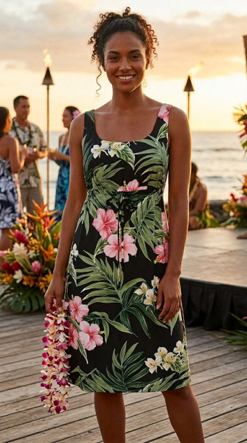 Pale Hibiscus Orchid Women's Empire Tie Front Hawaiian Dress (Generous Fit)