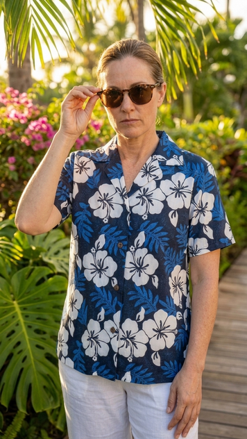 White Hibiscus Fern Women's Hawaiian Camp Shirt
