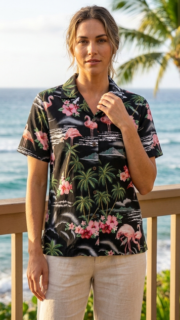 Pink Flamingo HIbiscus Women's Hawaiian Camp Shirt