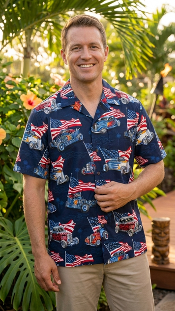 Flaming Roadsters USA Flag Men's Hawaiian Shirt