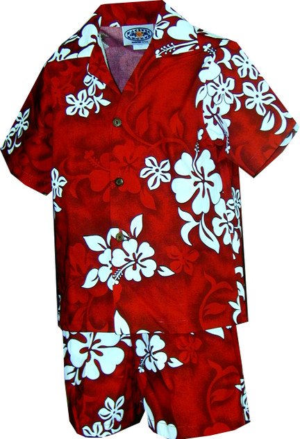 Shadow White Hibiscus Boy's 2pc Hawaiian Cabana Set