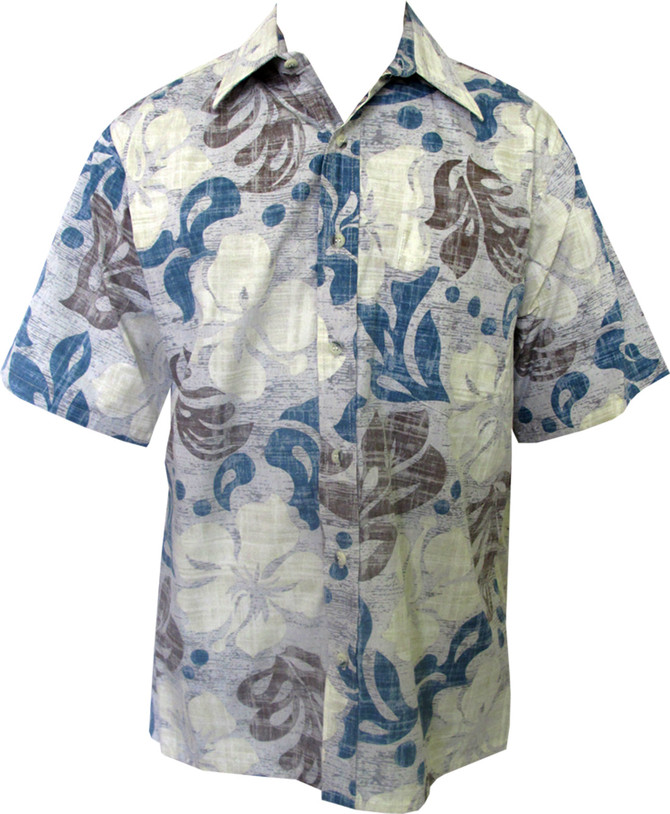 Go Barefoot Mens Texture Hibiscus Placket Reverse Shirt