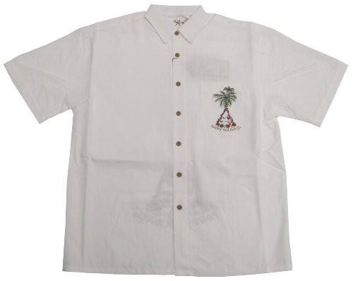 Bamboo Cay Mens Aloha Christmas Happy Holidays Tree Embroidered Shirt
