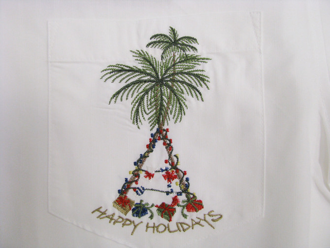 Bamboo Cay Mens Aloha Christmas Happy Holidays Tree Embroidered Shirt