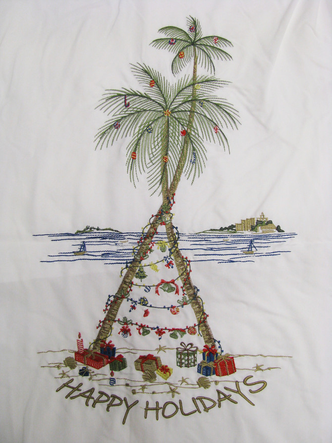 Bamboo Cay Mens Aloha Christmas Happy Holidays Tree Embroidered Shirt