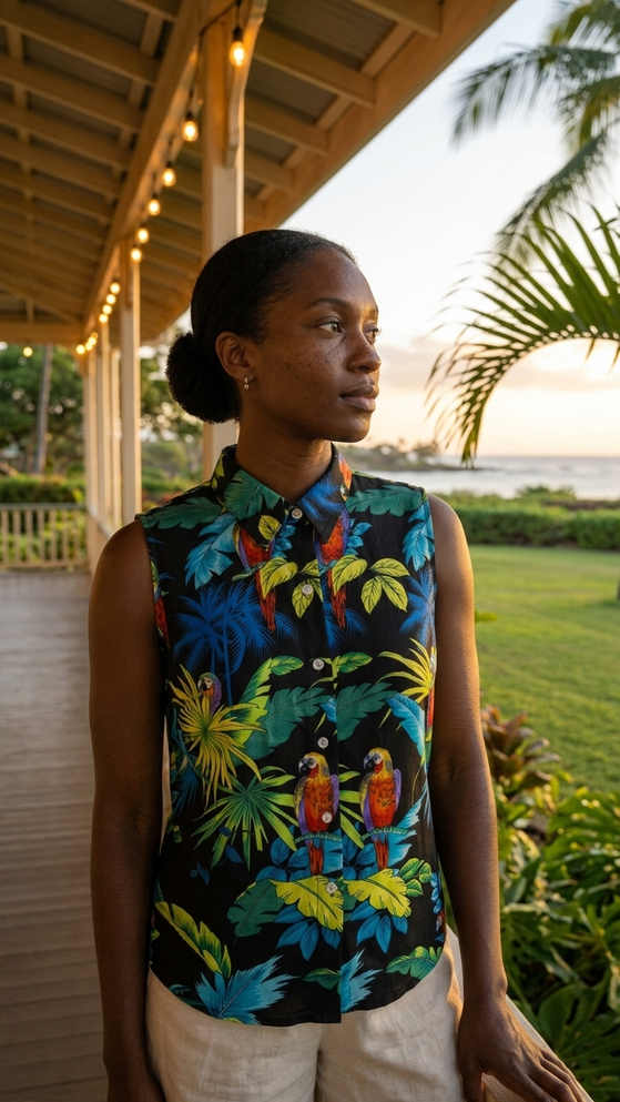 RJC Womens Jungle Parrot Sleeveless Button Down Shirt