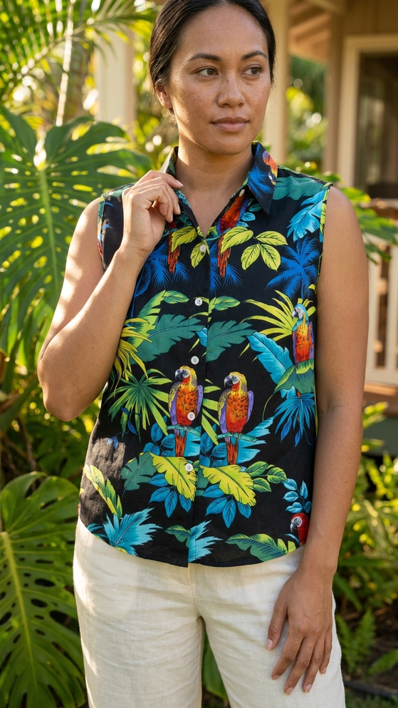 RJC Womens Jungle Parrot Sleeveless Button Down Shirt