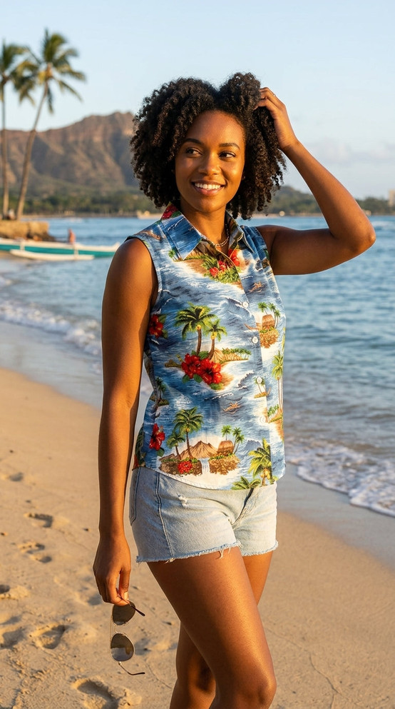 Red Hibiscus Island Women's Fitted Sleeveless Aloha Blouse - Regular Size