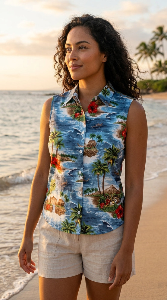 Red Hibiscus Island Women's Fitted Sleeveless Aloha Blouse - Regular Size