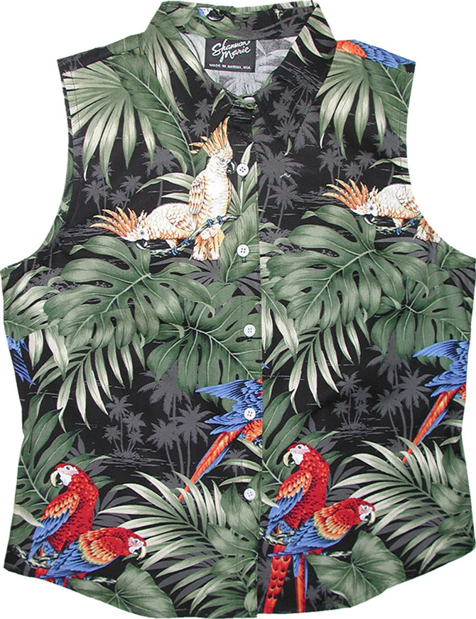 Parrots Monstera Women's Fitted Sleeveless Cotton Aloha Blouse