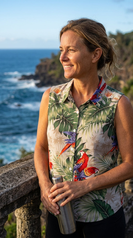 Parrots Monstera Women's Fitted Sleeveless Cotton Aloha Blouse