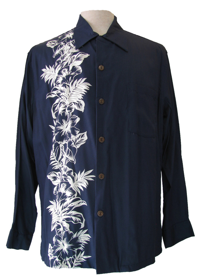 Paradise Found Mens Hibiscus Panel Kamehameha Style Long Sleeve Shirt