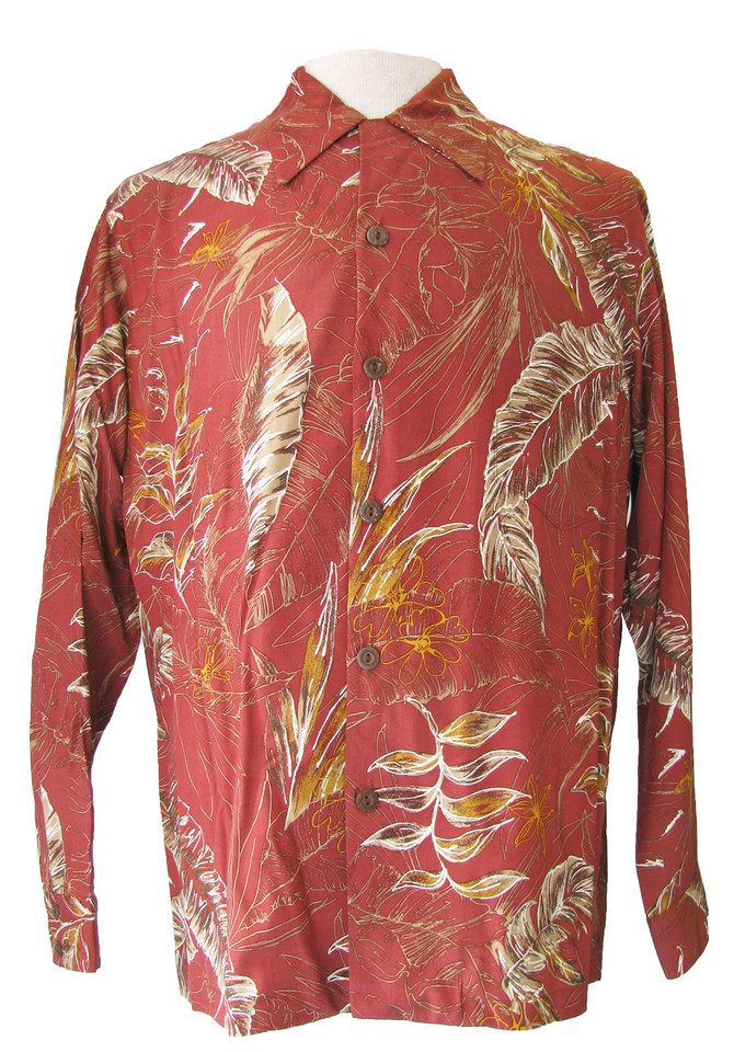 Paradise Found Mens Heliconia Sketch Kamehameha Style Long Sleeve Shirt