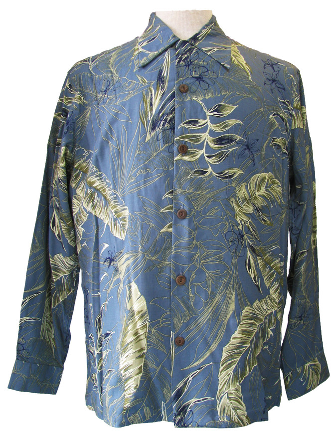 Paradise Found Mens Heliconia Sketch Kamehameha Style Long Sleeve Shirt