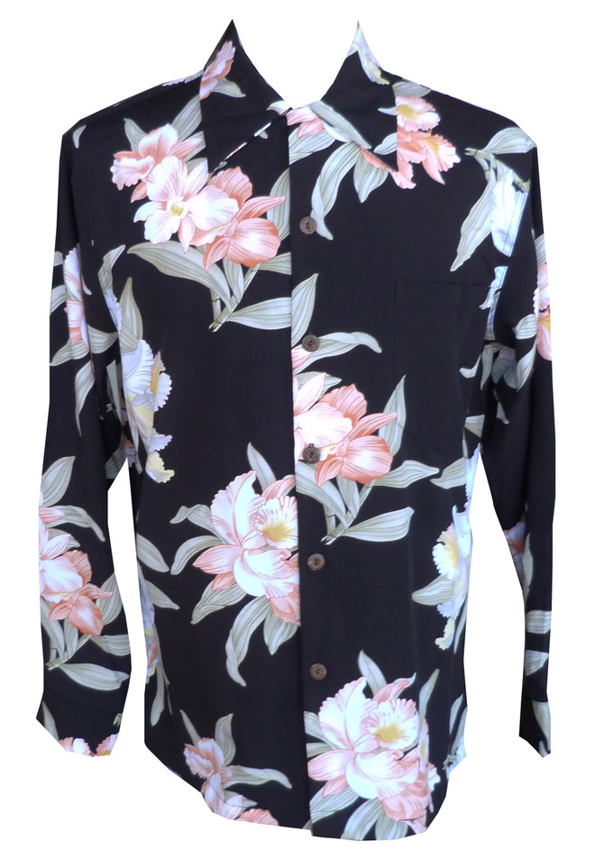 Paradise Found Mens Orchid Corsage Kamehameha Style Long Sleeve Shirt