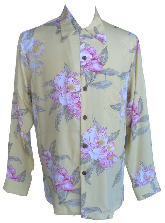 Paradise Found Mens Orchid Corsage Kamehameha Style Long Sleeve Shirt