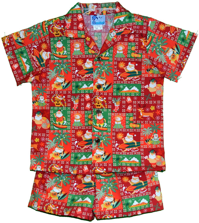 RJC Made in USA Boy's Christmas Hawaiian Santa Aloha 2pc Set