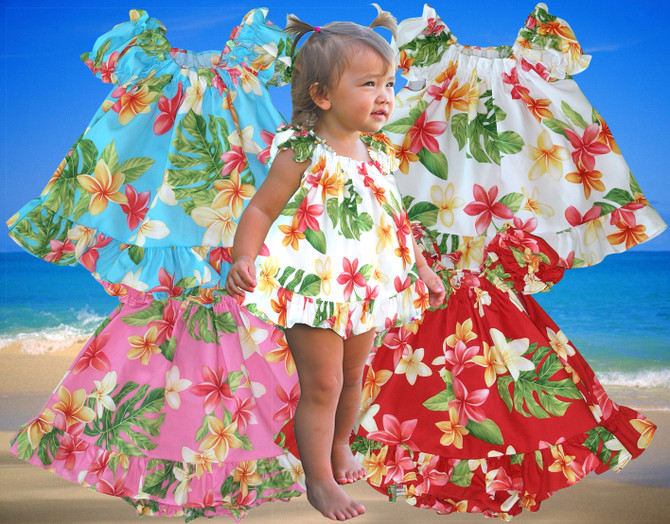 RJC Baby Girl's Cute Plumeria Puff Sleeve Hawaiian 2 Piece Dress Set