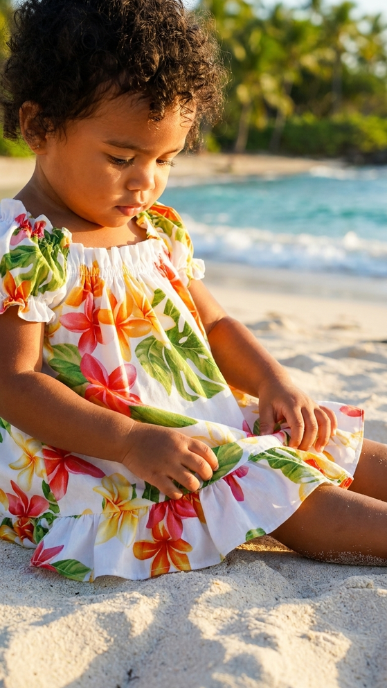 RJC Baby Girl's Plumeria Sunshine Puff Sleeve Hawaiian 2 Piece Dress Set