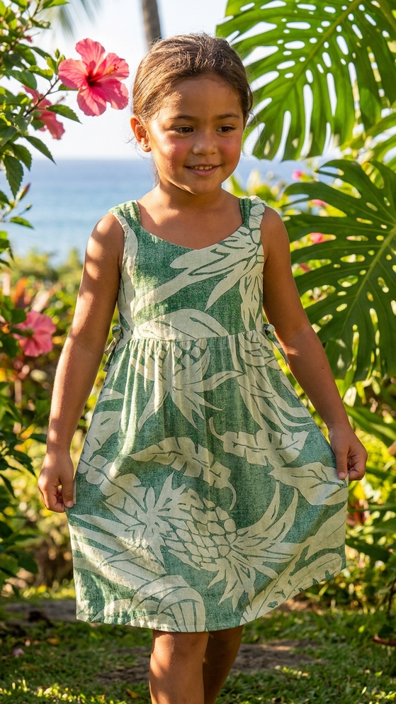 Hala Pineapples Hawaiian Side Tie Double Elastic Girls Strap Dress