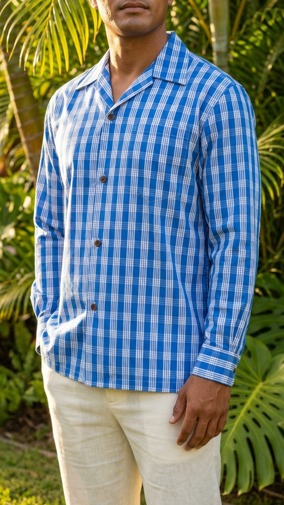 Men's Classic Hawaiian Paniolo Palaka Plaid Long Sleeve Shirt