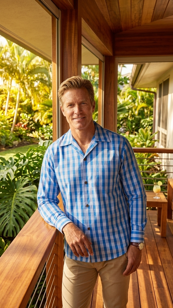 Men's Classic Hawaiian Paniolo Palaka Plaid Long Sleeve Shirt