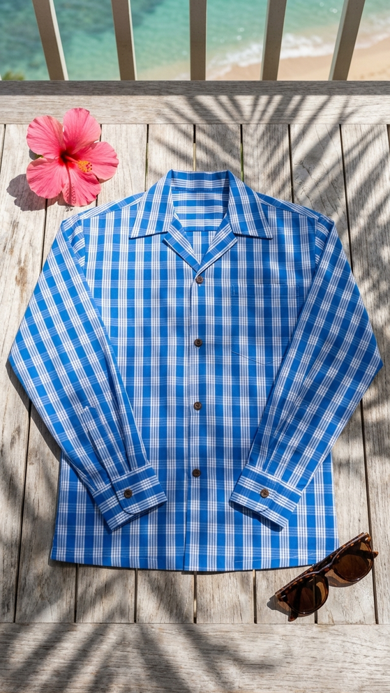 Men's Classic Hawaiian Paniolo Palaka Plaid Long Sleeve Shirt