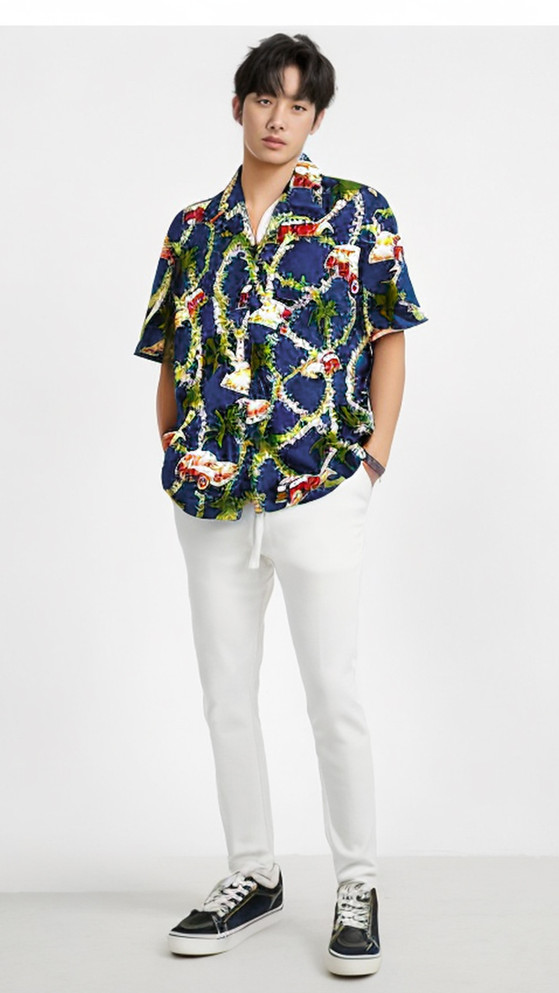 RJC Mens Plumeria Lei Woodie Poly Cotton Blend Shirt