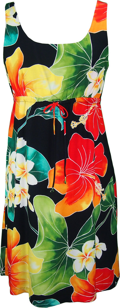 Bold Hibiscus Plumeria Women's Empire Tie Front Hawaiian Dress (Regular Fit)