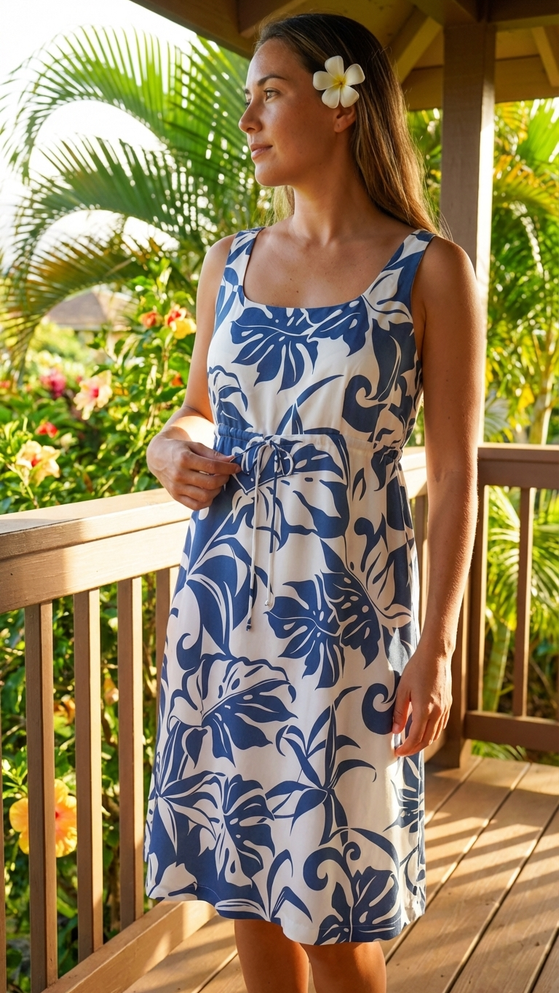 Delicate Tropical Women's Empire Tie Front Hawaiian Dress (Generous Fit)
