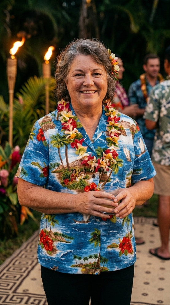 Red Hibiscus Island Women's Hawaiian Camp Shirt