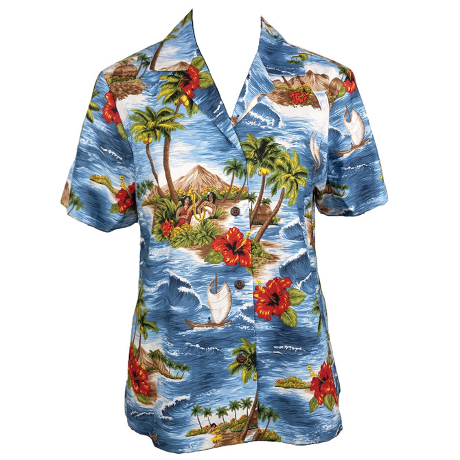 Red Hibiscus Island Women's Hawaiian Camp Shirt