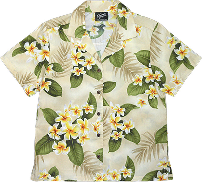 White Yellow Plumeria Women's Hawaiian Camp Shirt