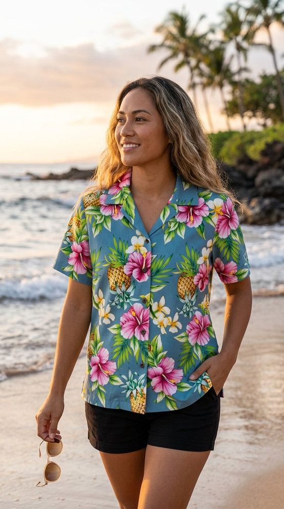 Pineapple HIbiscus Women's Hawaiian Camp Shirt