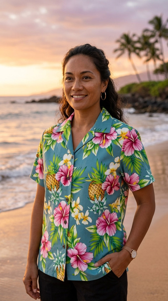Pineapple HIbiscus Women's Hawaiian Camp Shirt