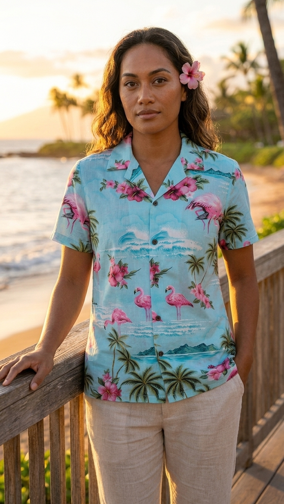 Pink Flamingo HIbiscus Women's Hawaiian Camp Shirt