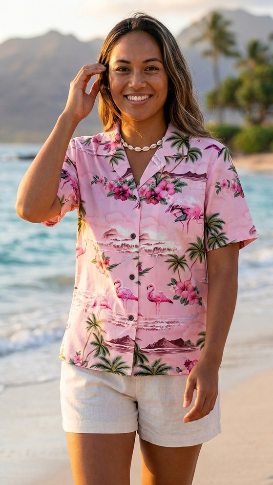 Pink Flamingo HIbiscus Women's Hawaiian Camp Shirt