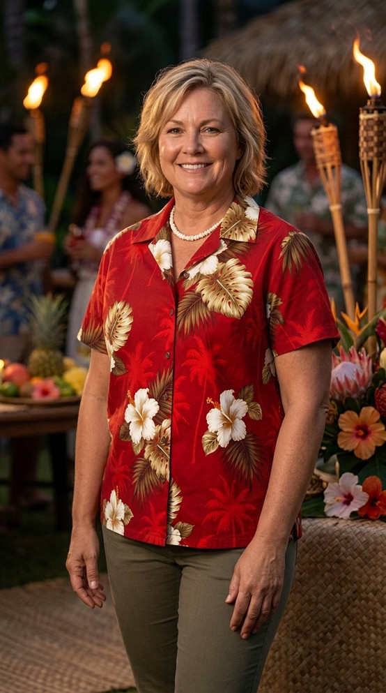 Pacific Legend Women's White Hibiscus Monstera Fitted Shirt