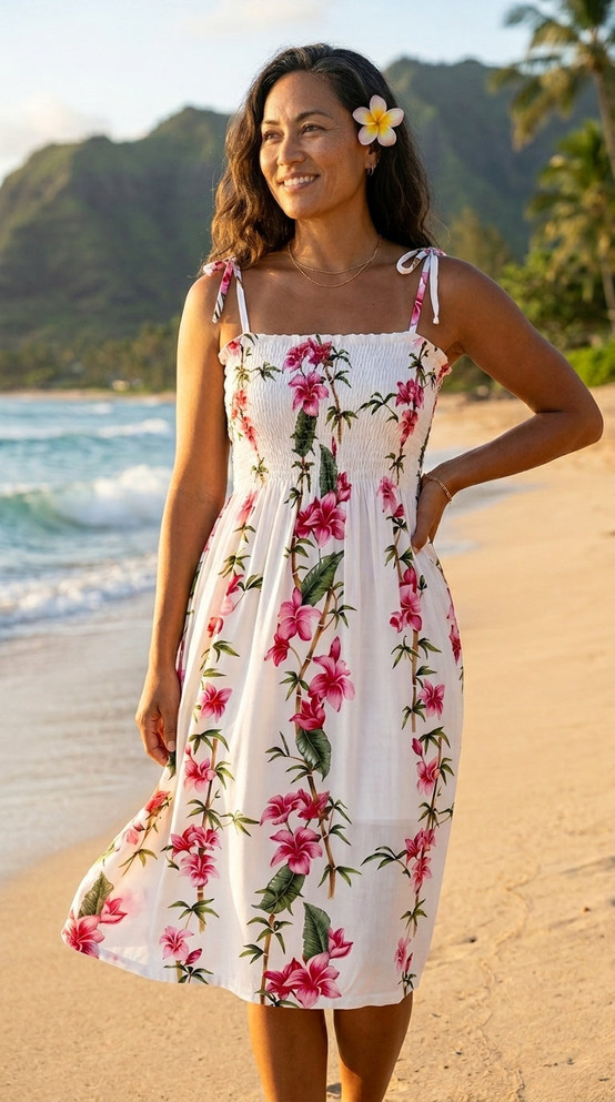 Plumeria Bamboo Panel Women's Hawaiian Smocked Dress