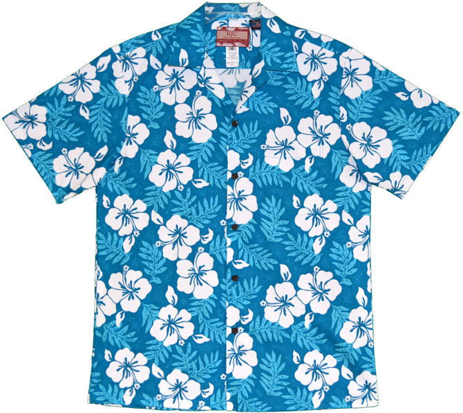 White Hibiscus Fern Men's Turquoise Hawaiian Shirt