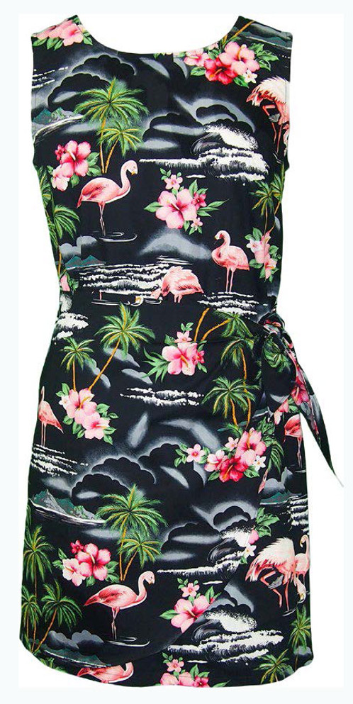 Pink Flamingo Hibiscus Women's Mock Wrap Hawaiian Sarong Dress