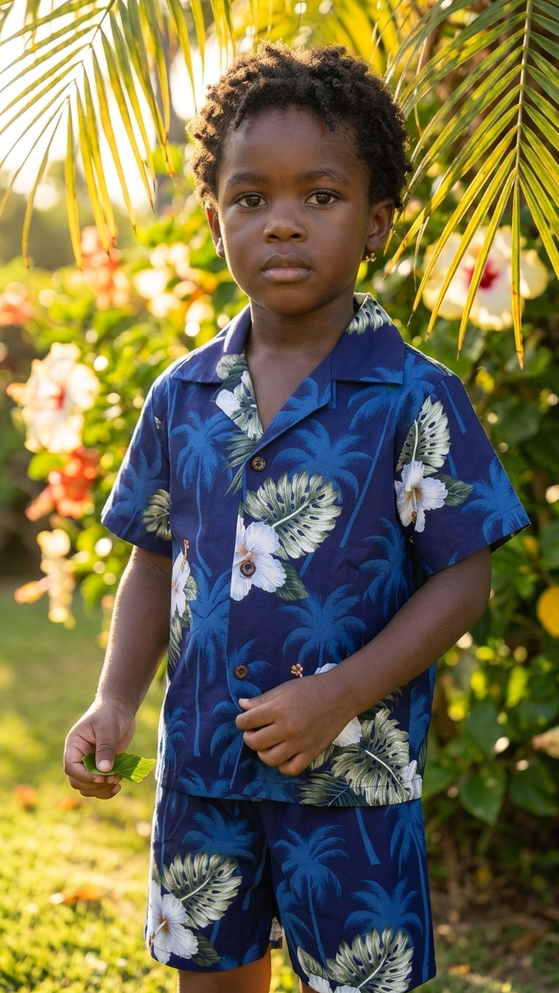 White Hibiscus Monstera Boy's 2pc Hawaiian Cabana Set