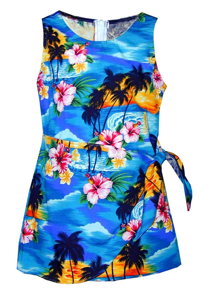 Brilliant Hawaiian Sunset Girl's Mock Wrap Hawaiian Sarong Dress