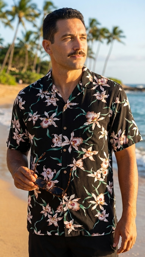 Paradise Found Men's Star Orchid Tom Selleck Magnum PI Hawaiian Shirt