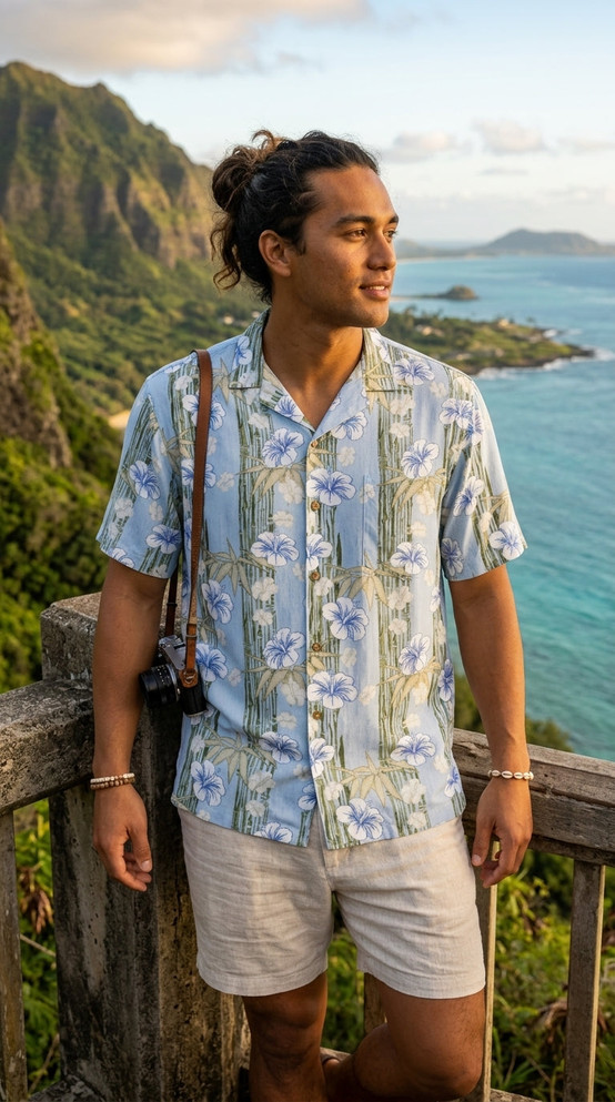 Paradise Found Men's Hibiscus Bamboo Panel Hawaiian Shirt