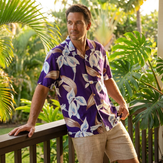Paradise Found Men's Tom Selleck Magnum PI Calla Lily Hawaiian Shirt