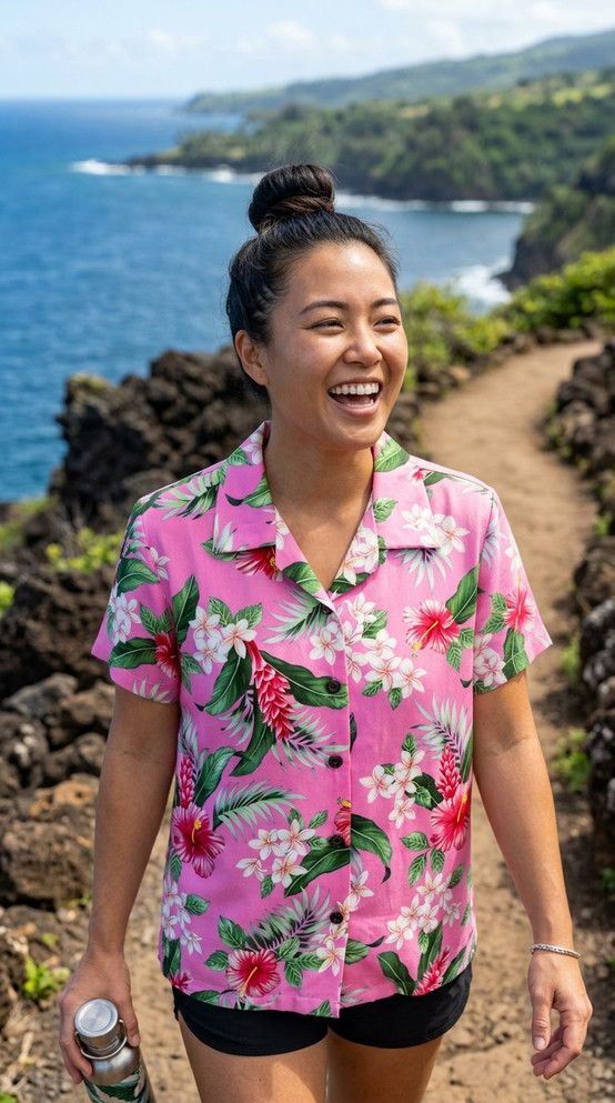 RJC White Plumeria Red Hibiscus Women's Hawaiian Camp Shirt – Rayon, Made in Hawaii